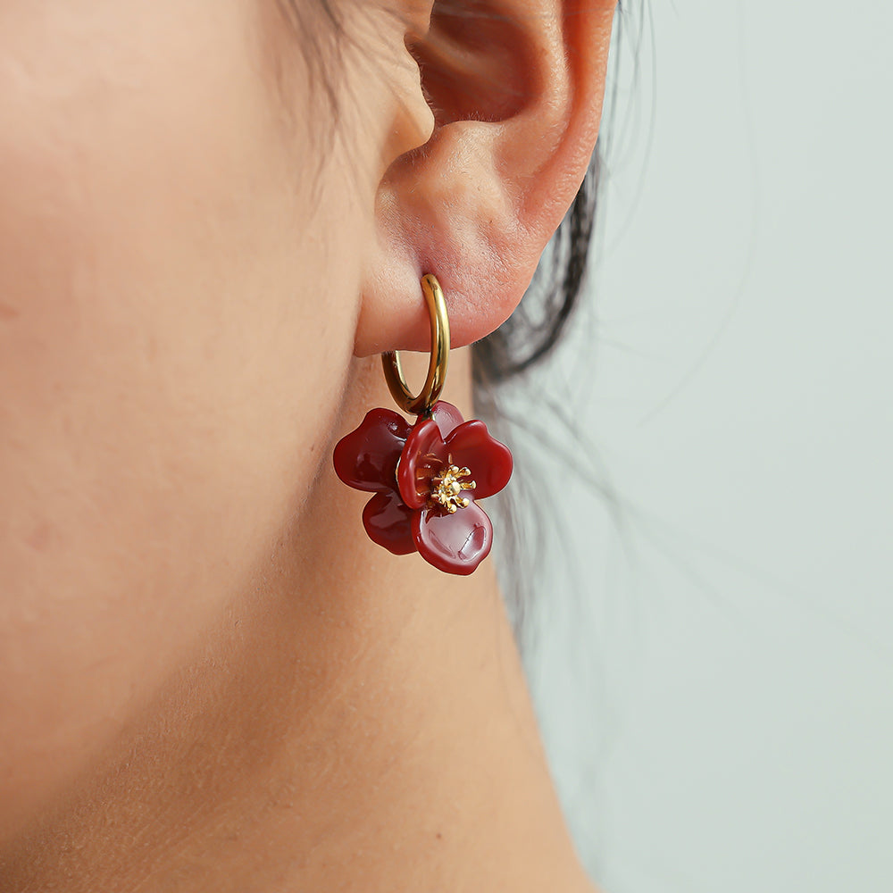 EBOLI Ohrringe rote Blume Gold