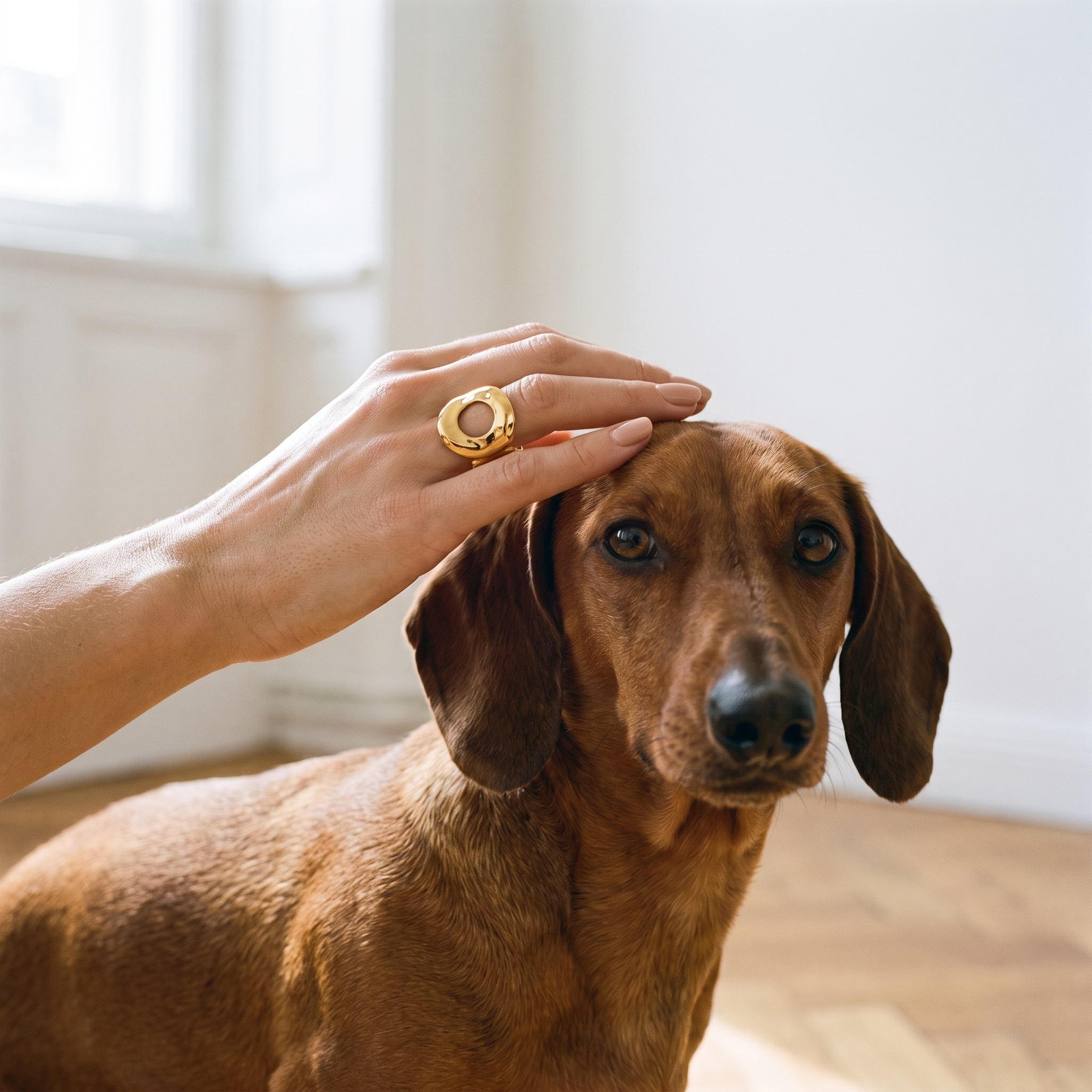 Elegante Hand mit ABANO TERME Ring, Dackel im Bild – mavabo-jewels