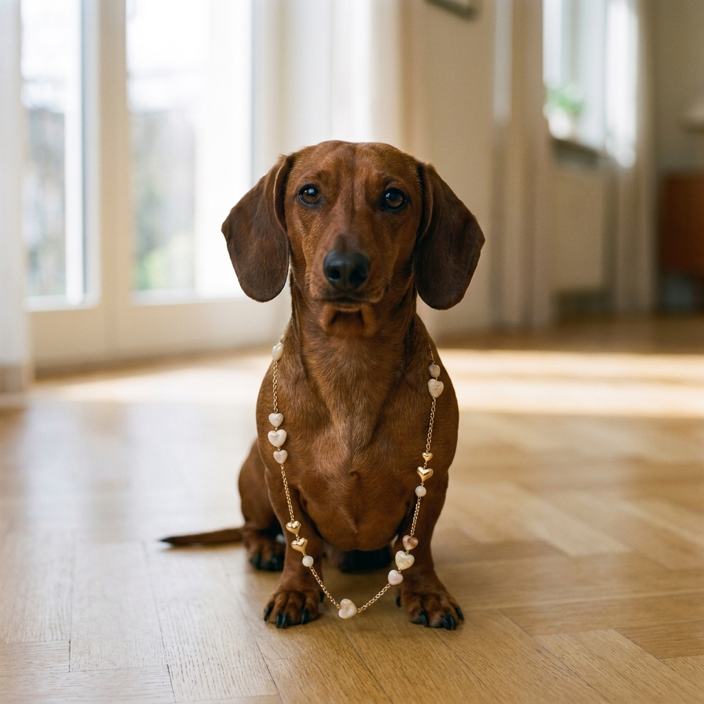 Dackel trägt AIROLA Halskette Beige – mavabo-jewels