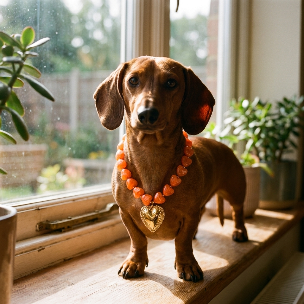 Dackel trägt AIRUNO Halskette Orange – mavabo-jewels
